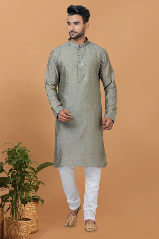 Stunning Sequins Embroidery Grey Color Readymade Men Kurta Pyjama