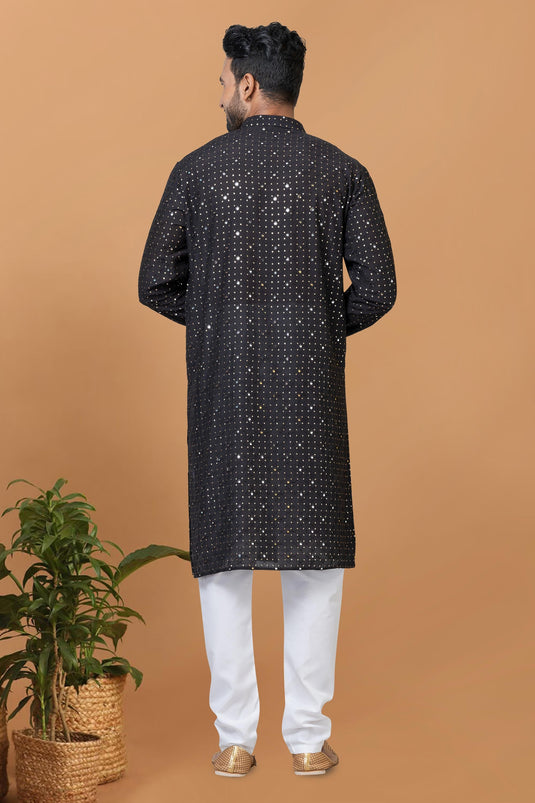 Beautiful Sequins Embroidery Black Color Readymade Kurta Pyjama For Men In Cotton Fabric