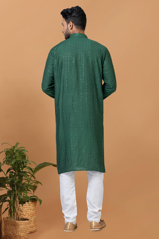 Cotton Fabric Sequins Embroidery Readymade Green Color Kurta Pyjama For Men