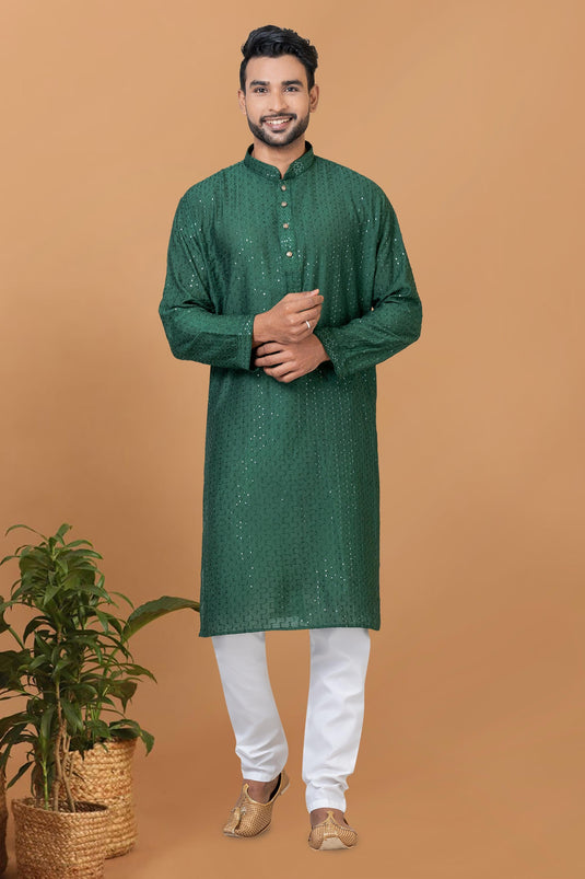 Cotton Fabric Sequins Embroidery Readymade Green Color Kurta Pyjama For Men