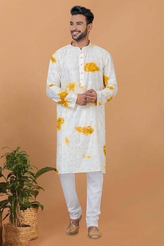 White Color Chanderi Fabric Readymade Kurta Pyjama For Men