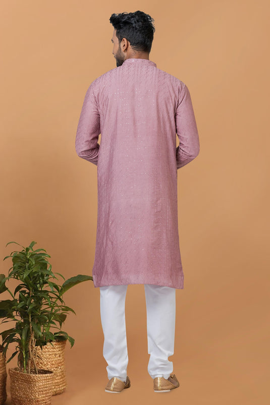 Pretty Cotton Fabric Readymade Men Kurta Pyjama In Lavender Color