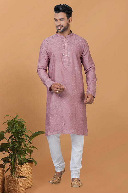 Pretty Cotton Fabric Readymade Men Kurta Pyjama In Lavender Color