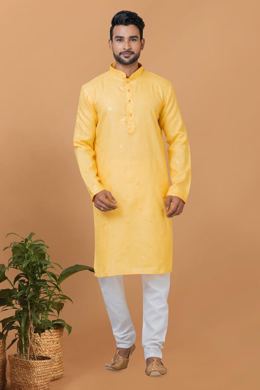 Attractive Readymade Men Kurta Pyjama In Yellow Color