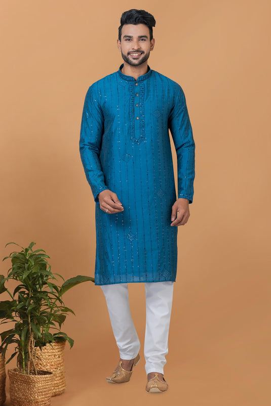 Teal Cotton Fabric Readymade Kurta Pyjama For Men