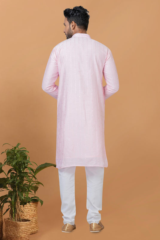 Pink Color Cotton Fabric Fancy Readymade Kurta Pyjama For Men