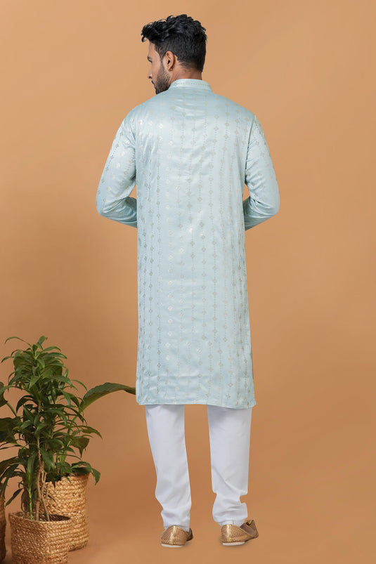 Art Silk Fabric Light Cyan Color Trendy Readymade Men Kurta Pyjama