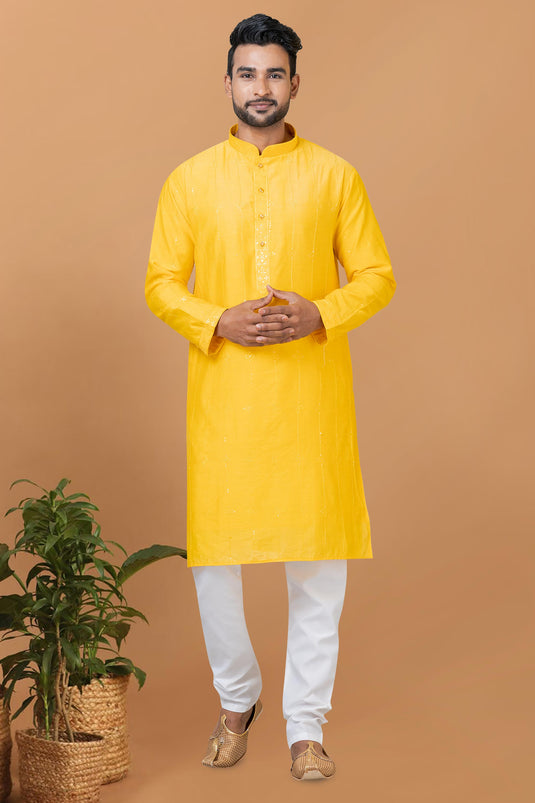 Yellow Color Engaging Cotton Fabric Readymade Kurta Pyjama For Men