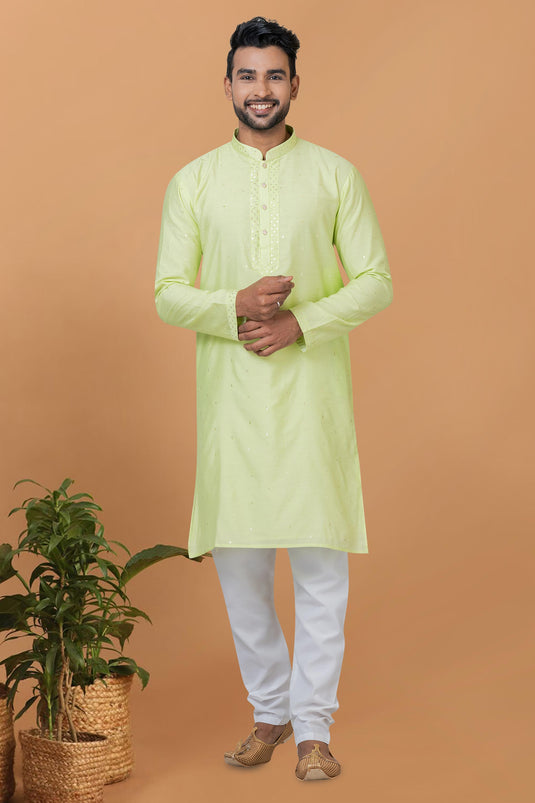 Sea Green Color Cotton Fabric Captivating Readymade Kurta Pyjama For Men