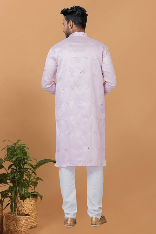 Lovely Pink Color Readymade Kurta Pyjama For Men