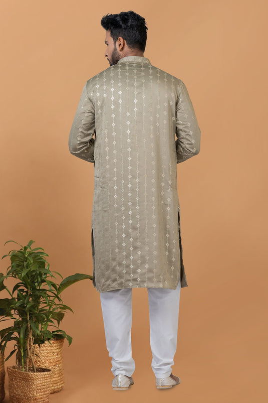 Sequins Embroidery Fancy Dark Beige Color Gajji Silk Fabric Function Wear Readymade Kurta Pyjama For Men