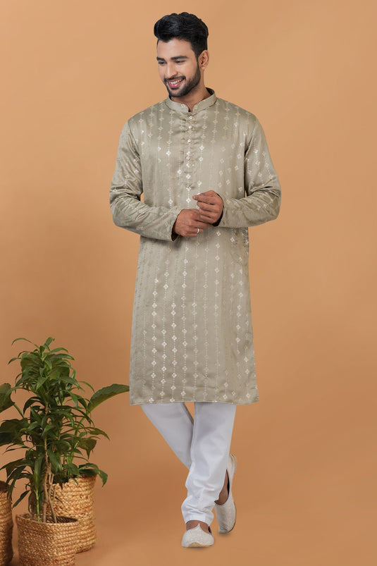 Sequins Embroidery Fancy Dark Beige Color Gajji Silk Fabric Function Wear Readymade Kurta Pyjama For Men