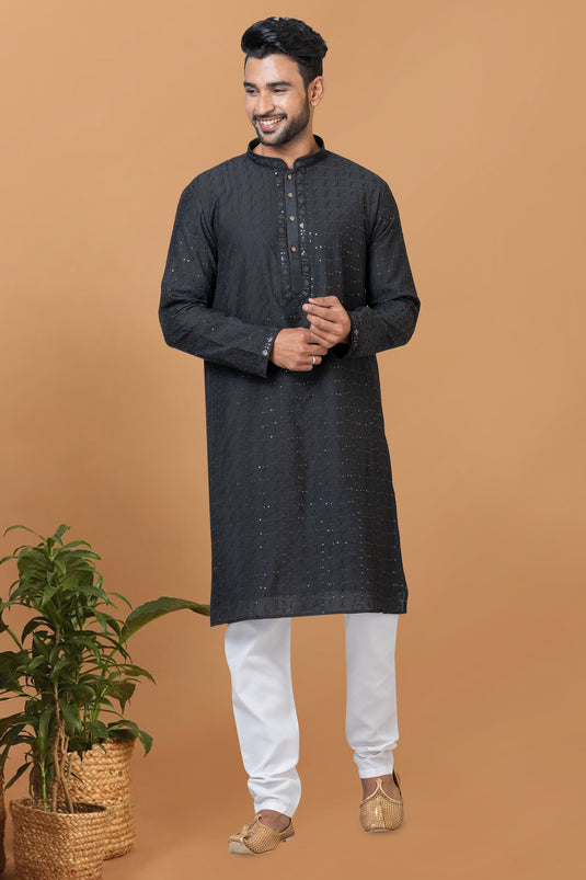 Black Cotton Fabric Sequins Embroidery Sangeet Wear Trendy Readymade Kurta Pyjama For Men