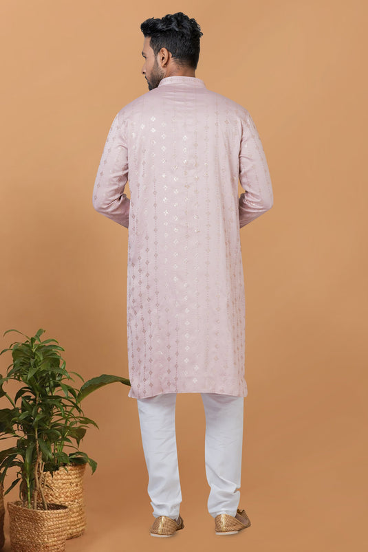 Gajji Silk Pink Color Wedding Wear Sequins Embroidery Readymade Designer Men Kurta Pyjama