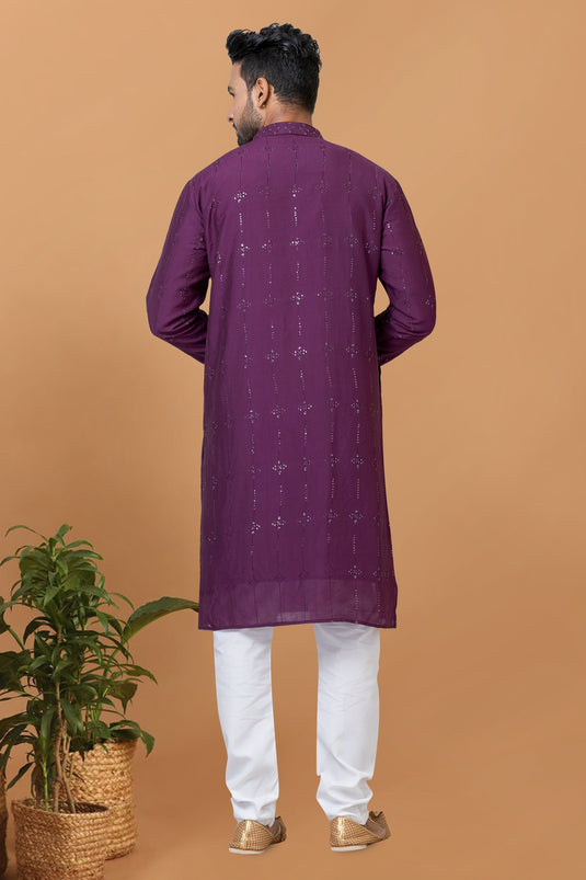 Sequins Embroidery Gorgeous Cotton Fabric Reception Wear Readymade Kurta Pyjama For Men