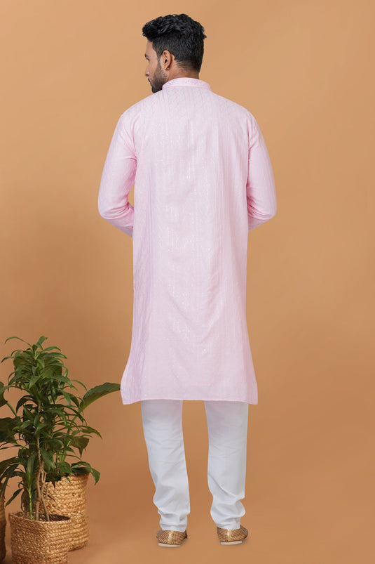 Sequins Embroidery Pink Function Wear Readymade Men Kurta Pyjama