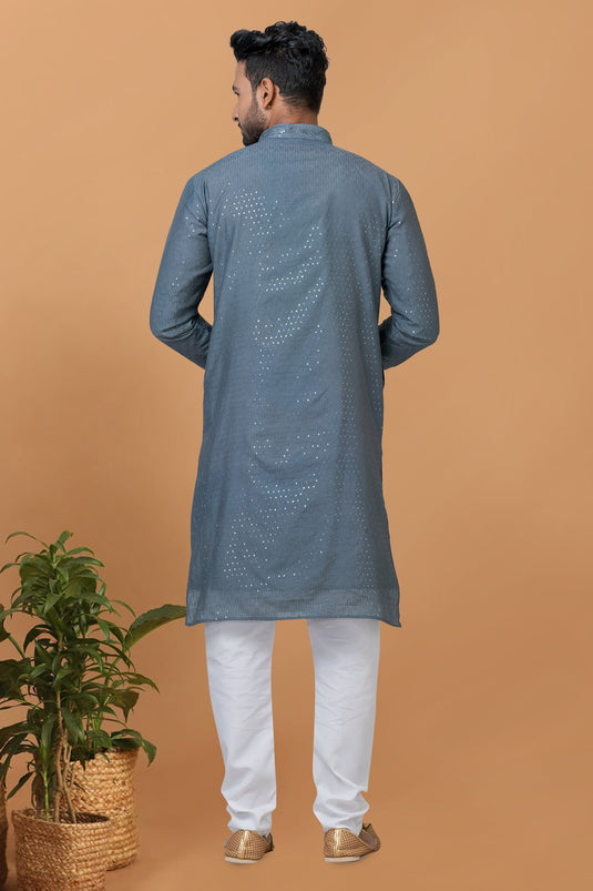 Lovely Grey Color Cotton Sequins Embroidery Readymade Kurta Pyjama For Men