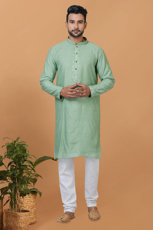 Beautiful Sequins Embroidery Sea Green Color Wedding Wear Readymade Kurta Pyjama For Men In Cotton Fabric