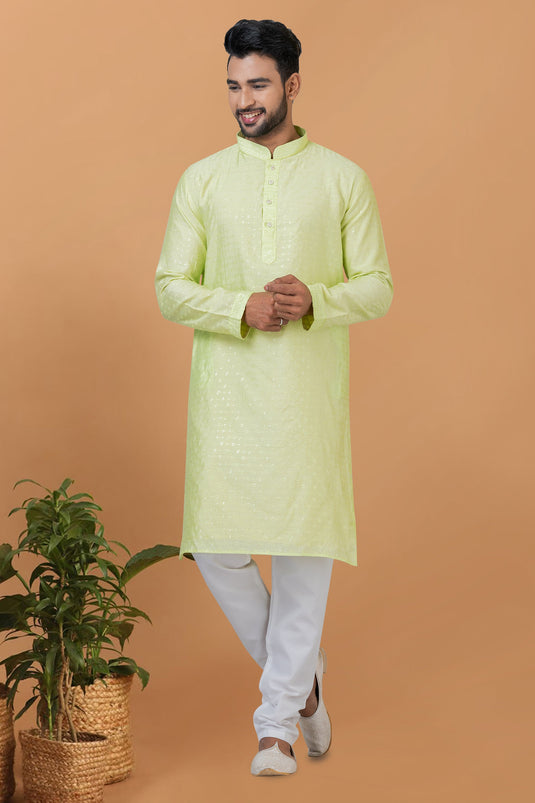 Sequins Embroidery Green Cotton Graceful Readymade Men Kurta Pyjama For Festive Wear