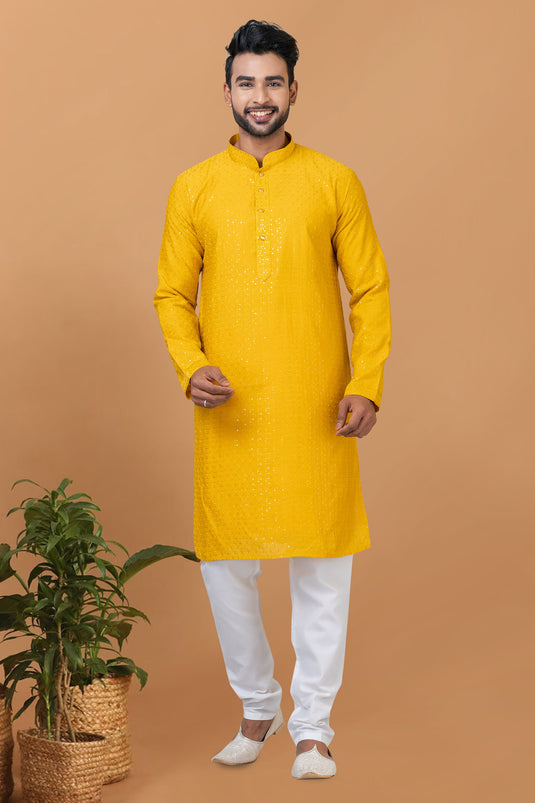 Cotton Sequins Embroidery Mustard Magnificent Readymade Men Kurta Pyjama For Sangeet Wear