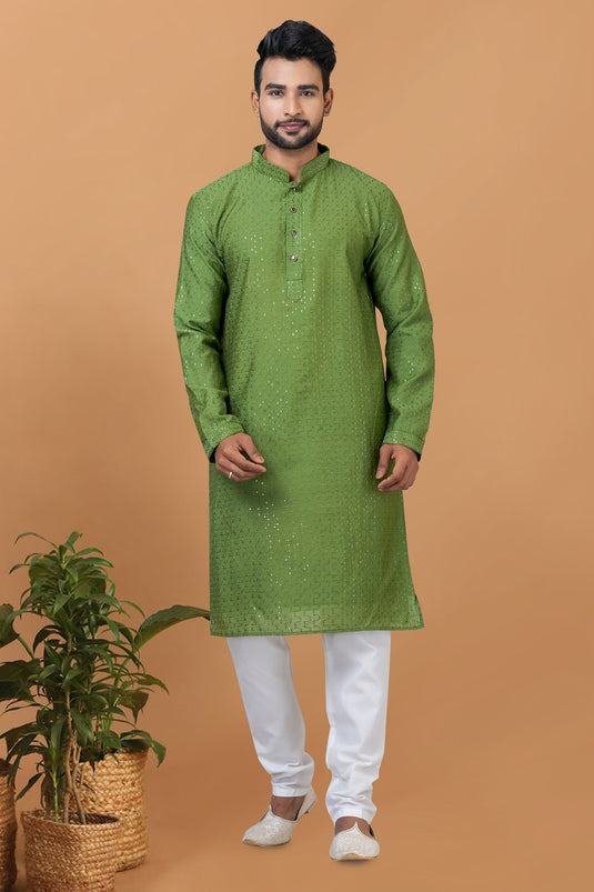 Cotton Fabric Sequins Embroidery Function Wear Readymade Green Color Kurta Pyjama For Men