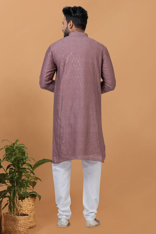 Festive Wear Sequins Embroidery Readymade Kurta Pyjama For Men In Pink Cotton Fabric