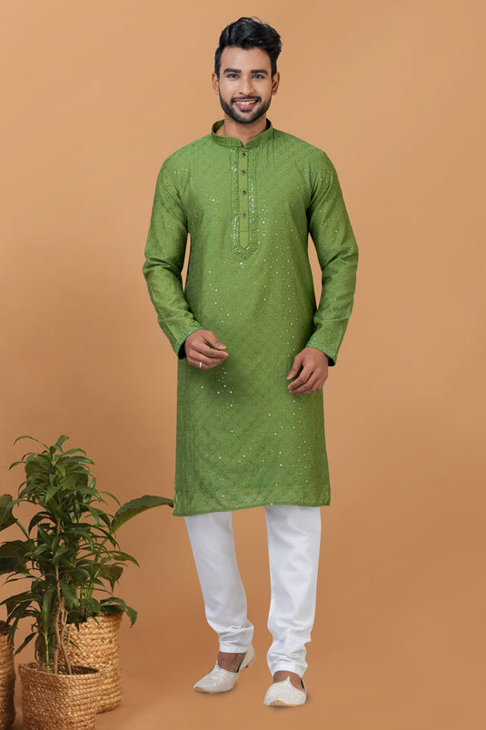 Green Color Sequins Embroidery Cotton Fabric Function Wear Fancy Readymade Kurta Pyjama For Men