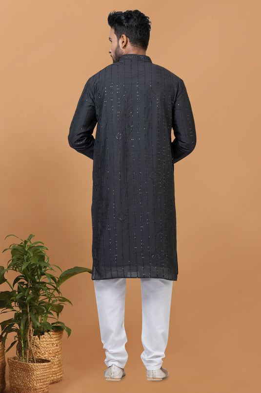 Black Color Sangeet Wear Cotton Fabric Sequins Embroidery Designer Readymade Kurta Pyjama For Men