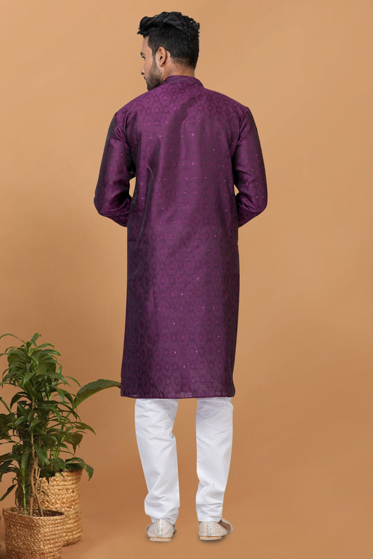 Beautiful Purple Color Readymade Kurta Pyjama For Men In Art Silk Fabric