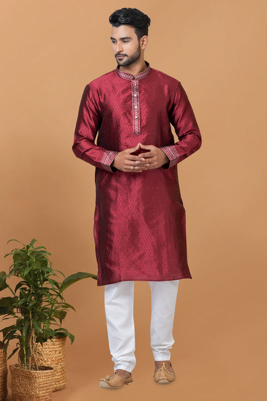 Attractive Readymade Men Kurta Pyjama In Maroon Color