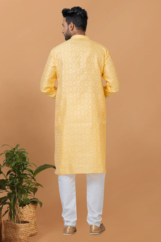 Yellow Art Silk Graceful Readymade Men Kurta Pyjama