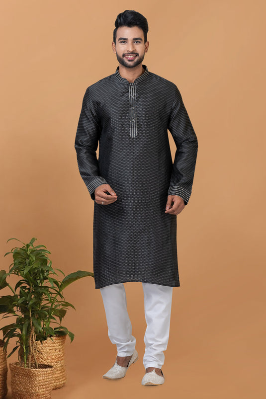 Black Color Readymade Art Silk Fabric Kurta Pyjama For Men