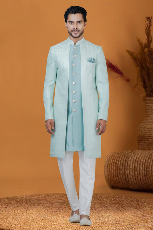 Stunning Jacquard Silk Fabric Jacquard Work Wedding Wear Cyan Readymade Indo Western For Men