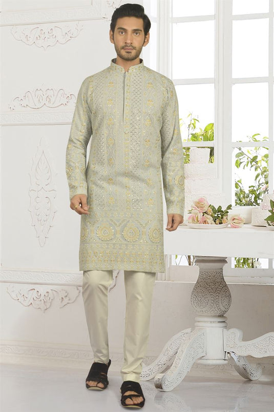 Grey Color Georgette Fabric Festive Wear Readymade Kurta For Men