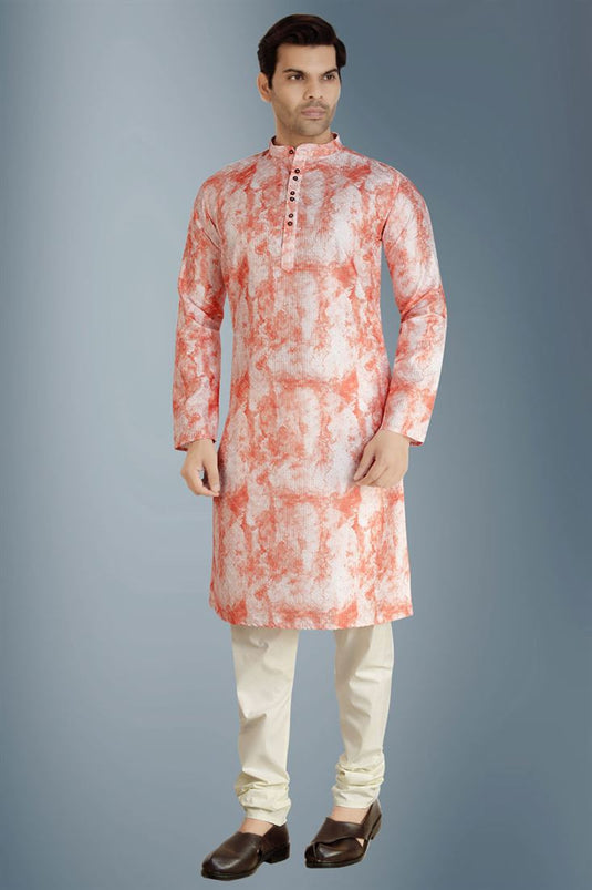 Engaging Function Wear Viscose Fabric Sequince Work Kurta Pyjama In Orange Color