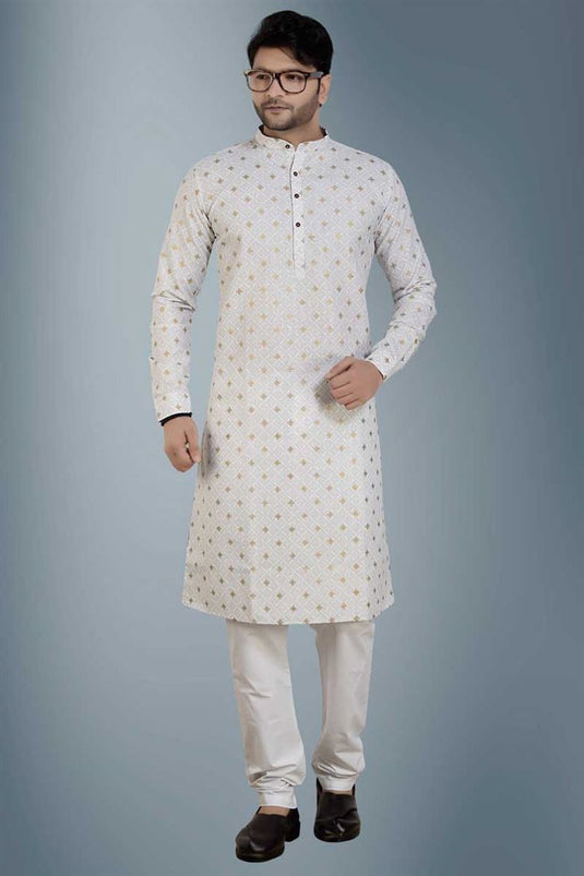 Dusky White Color Linen Fabric Kurta Pyjama For Men