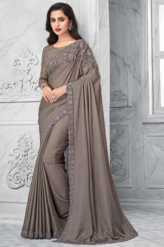 Embroidered Work Dark Beige Color Satin Chiffon Fabric Party Wear Saree