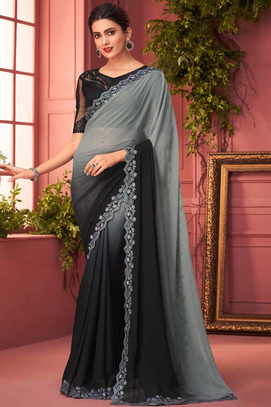 Party Look Soothing Chiffon Fabric Saree In Black Color