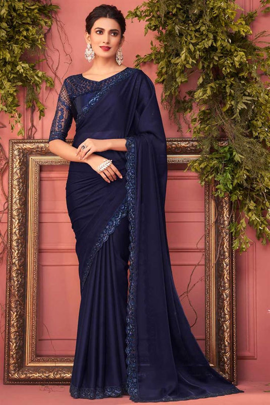 Party Look Attractive Georgette Fabric Saree In Navy Blue Color