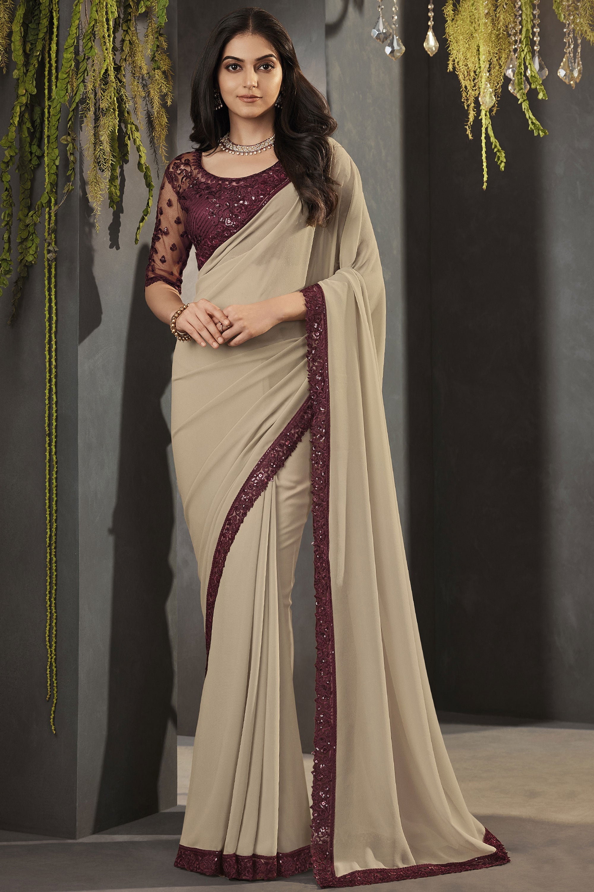 Glorious Look Lace Border Work Georgette Fabric Beige Color Saree With ...