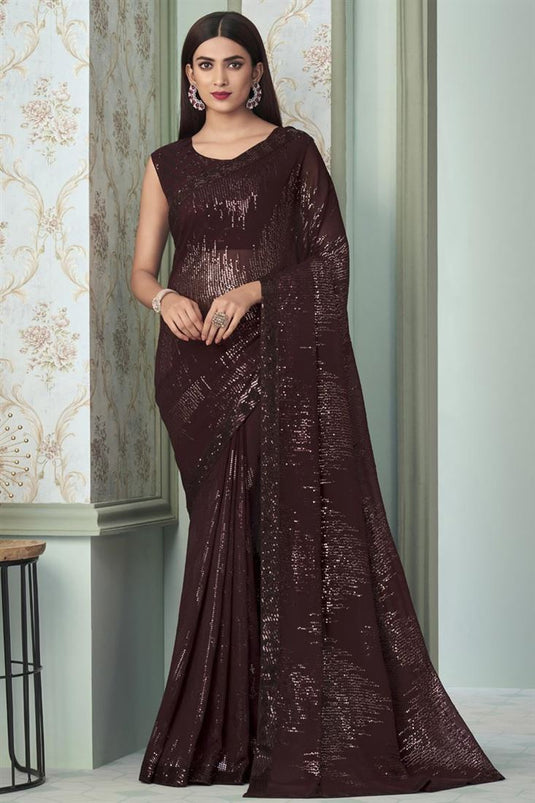 Georgette Fabric Maroon Color Ingenious Sequins Designs Saree