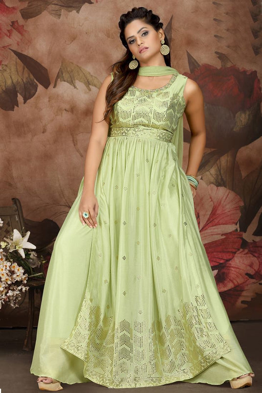 Green Color Chinon Fabric Special Palazzo Suit