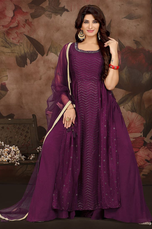 Purple Color Chinon Fabric Princely Fancy Work Palazzo Suit