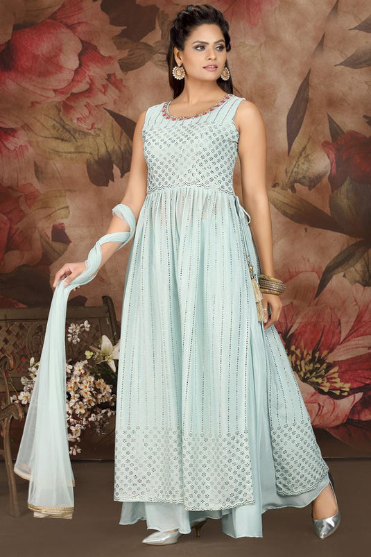 Beguiling Light Cyan Color Chinon Fabric Palazzo Suit