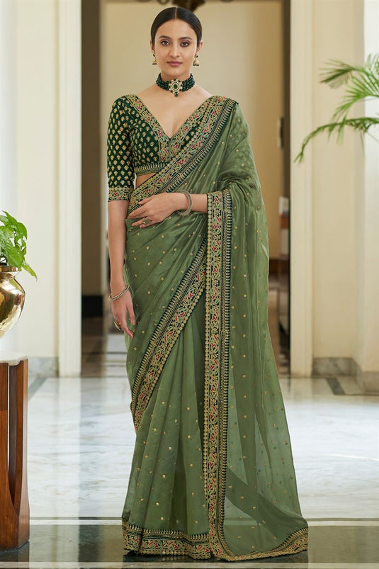 Silk Traditional Saree in Olive Color with Thread work