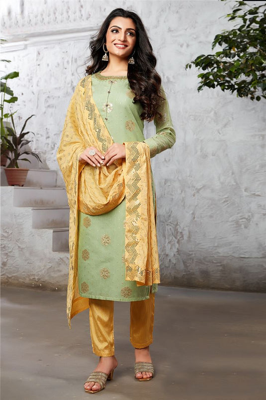 Elegant Art Silk Function Wear Salwar Suit in Sea Green Color