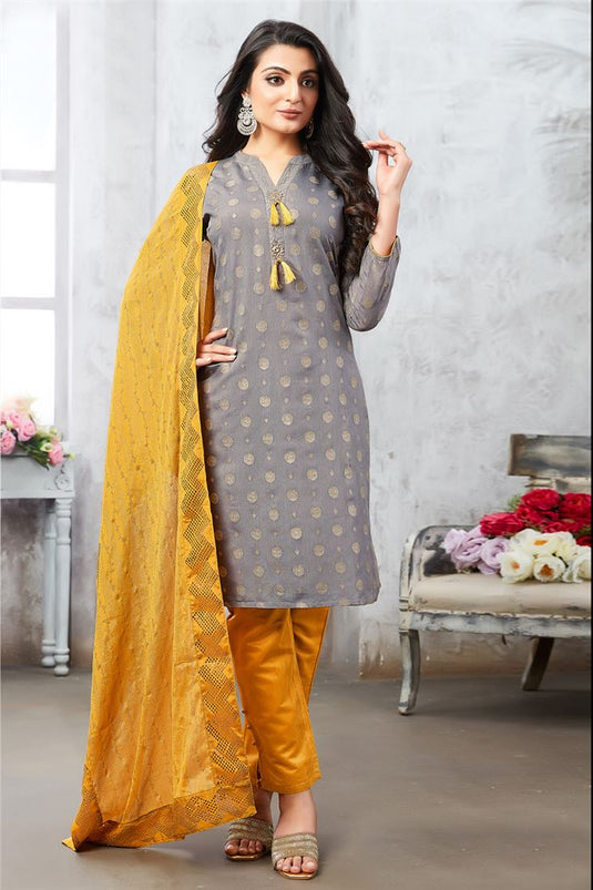 Alluring Art Silk Function Wear Salwar Suit in Grey Color