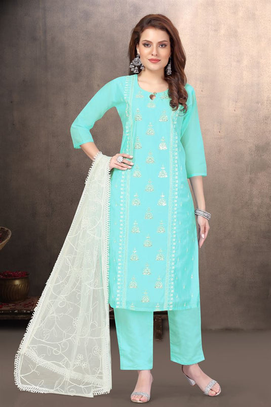 Sea Green Color Tempting Chanderi Fabric Festive Look Salwar Suit