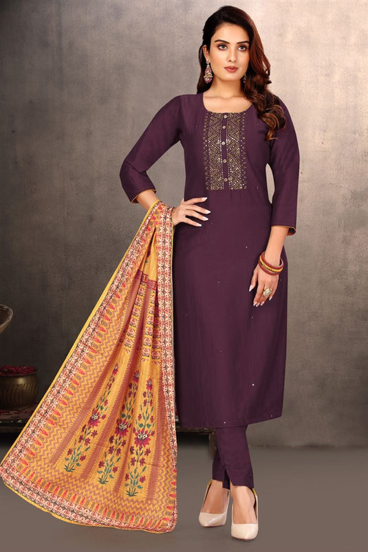 Wine Color Fascinating Art Silk Fabric Festive Look Salwar Suit