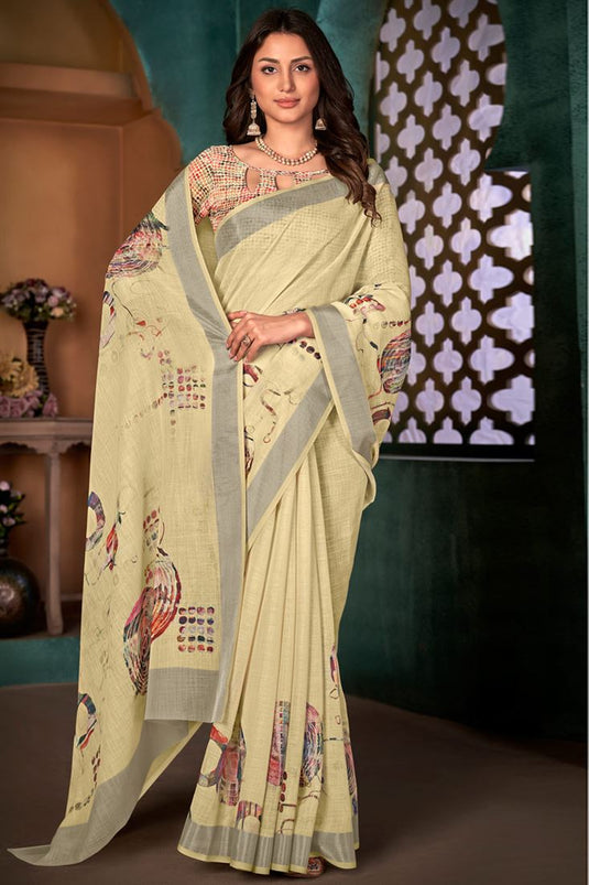 Cotton Linen Fabric Daily Wear Stunning Digital Printed Saree In Yellow Color